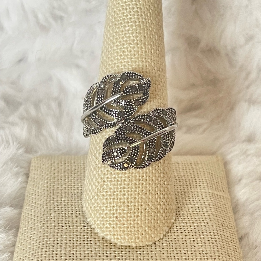 Silver Leaf Bypass Ring Crystal Wrap Ring Size 9
